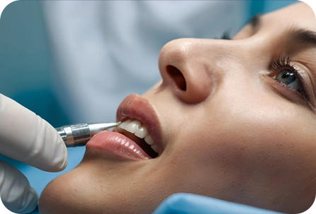 A woman getting her teeth cleaned by an dentist.